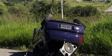 Carro capota e ocupantes fogem do local deixando o veículo na estrada